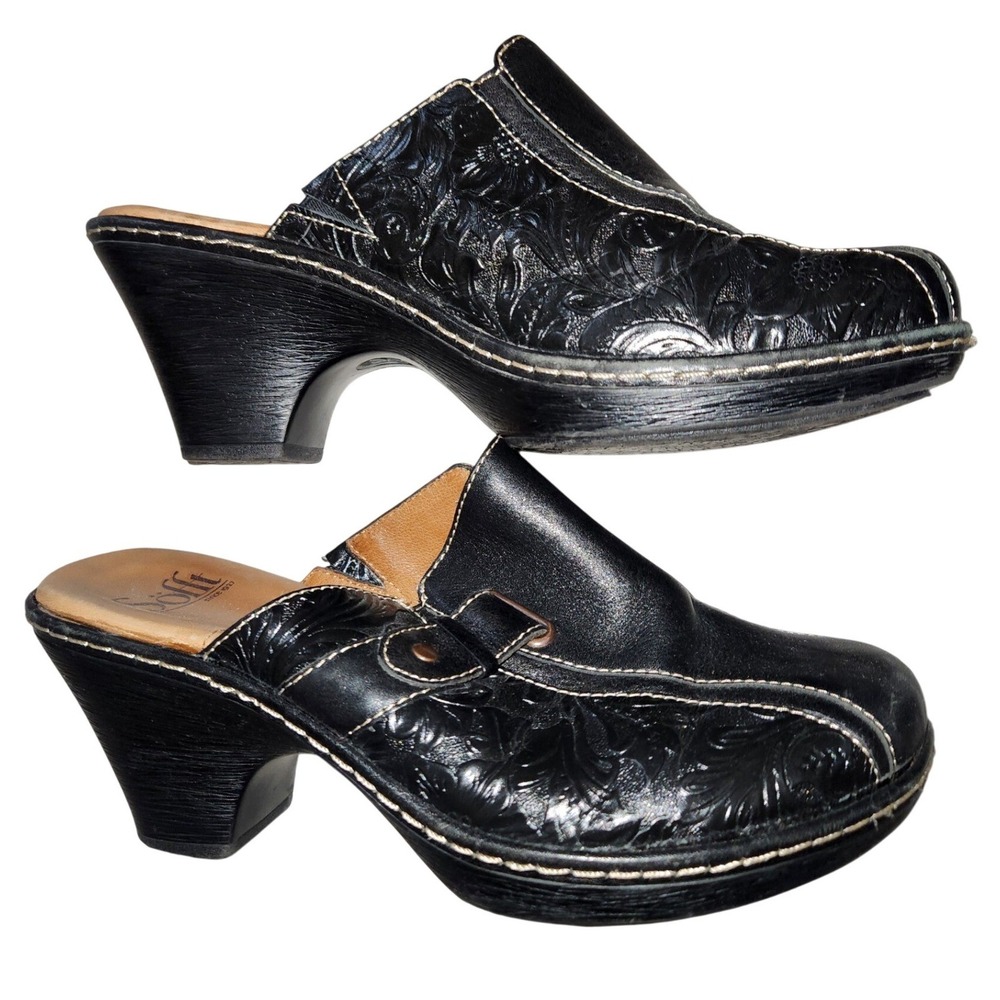 Sofft Womens Black Embossed Leather Floral Mules Clogs Heel Size 8M 1042101